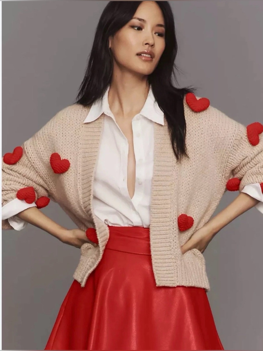 Maeve Beige Open-Front Cardigan with Red Heart Appliqués